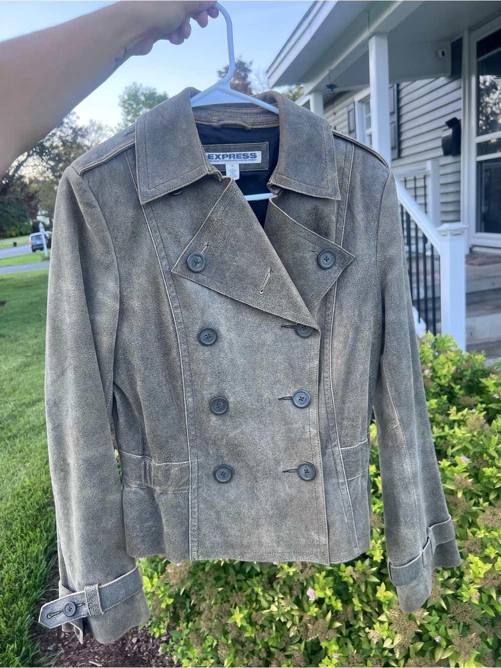 Express Vintage Distressed Genuine Leather Pea Coat Jacket 10 Olive Green
